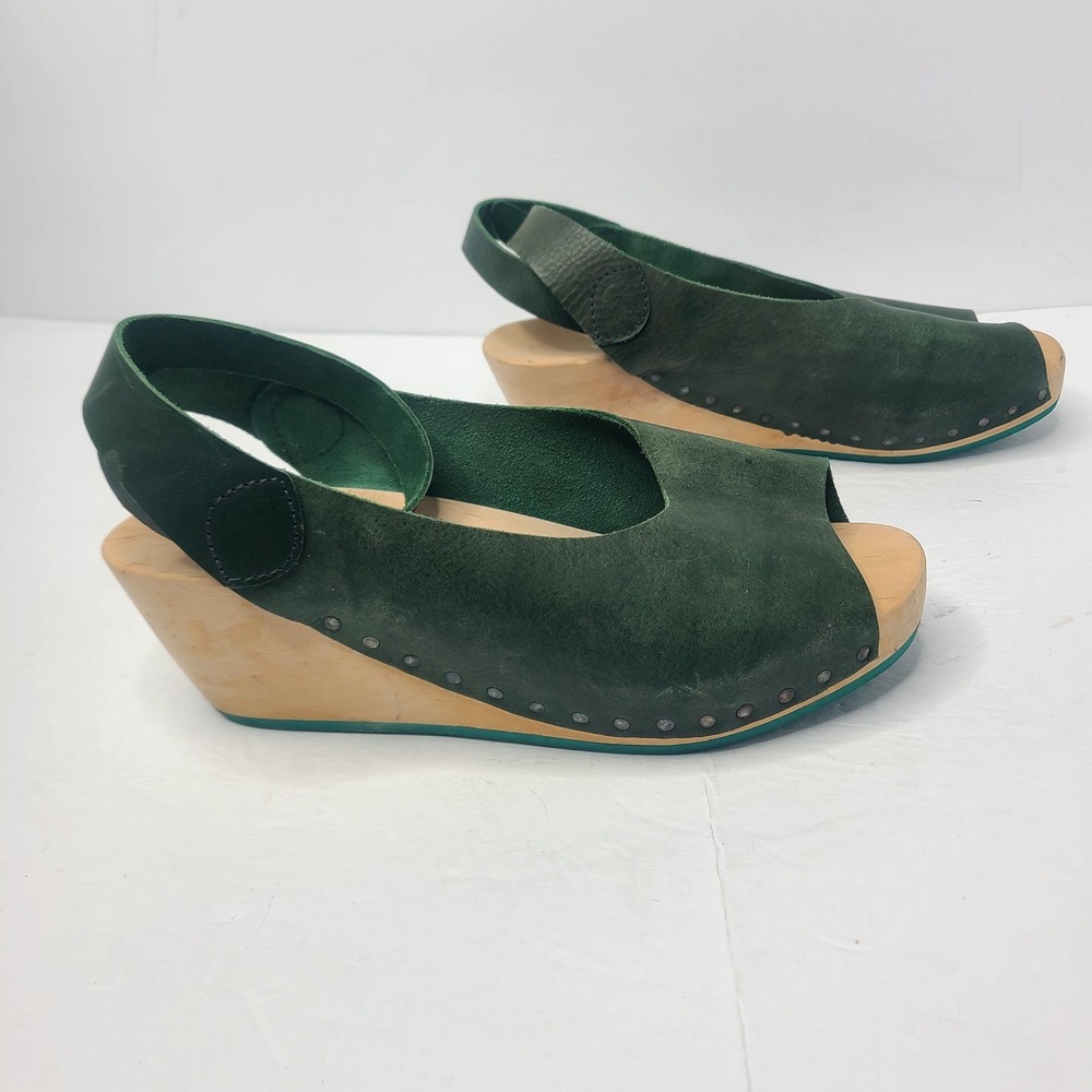 TRIPPEN Orinoco Wooden Clog Strappy Sandal Green Leather EU 39 US 8 - Picture 2 of 9